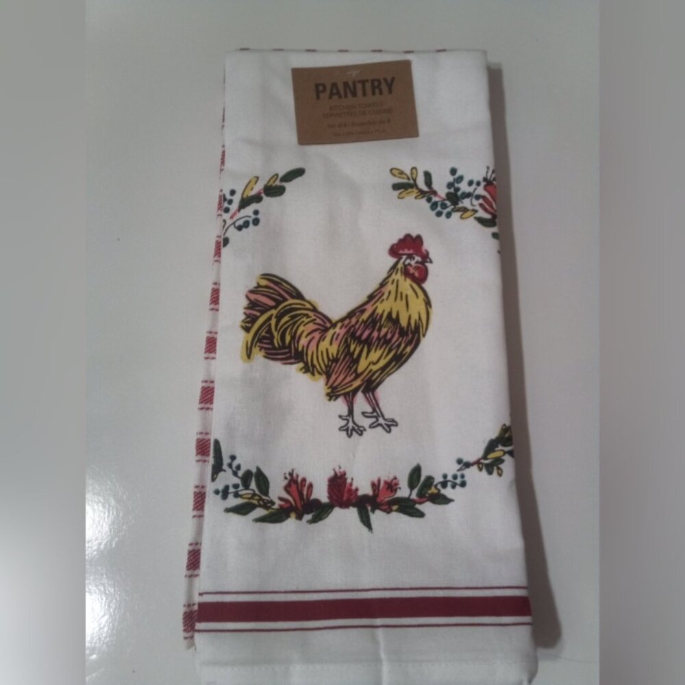 Pantry Kitchen Towels Rooster and Red Stripe Set of 4 Cotton 18 in × 28 in